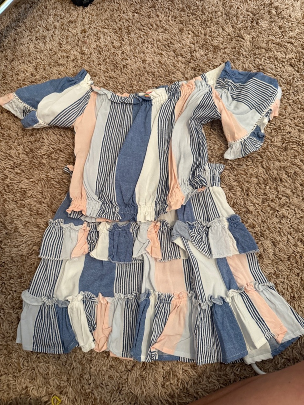 Vintage Havana Girls' Striped Off-Shoulder Dress - Blue, White & Peach